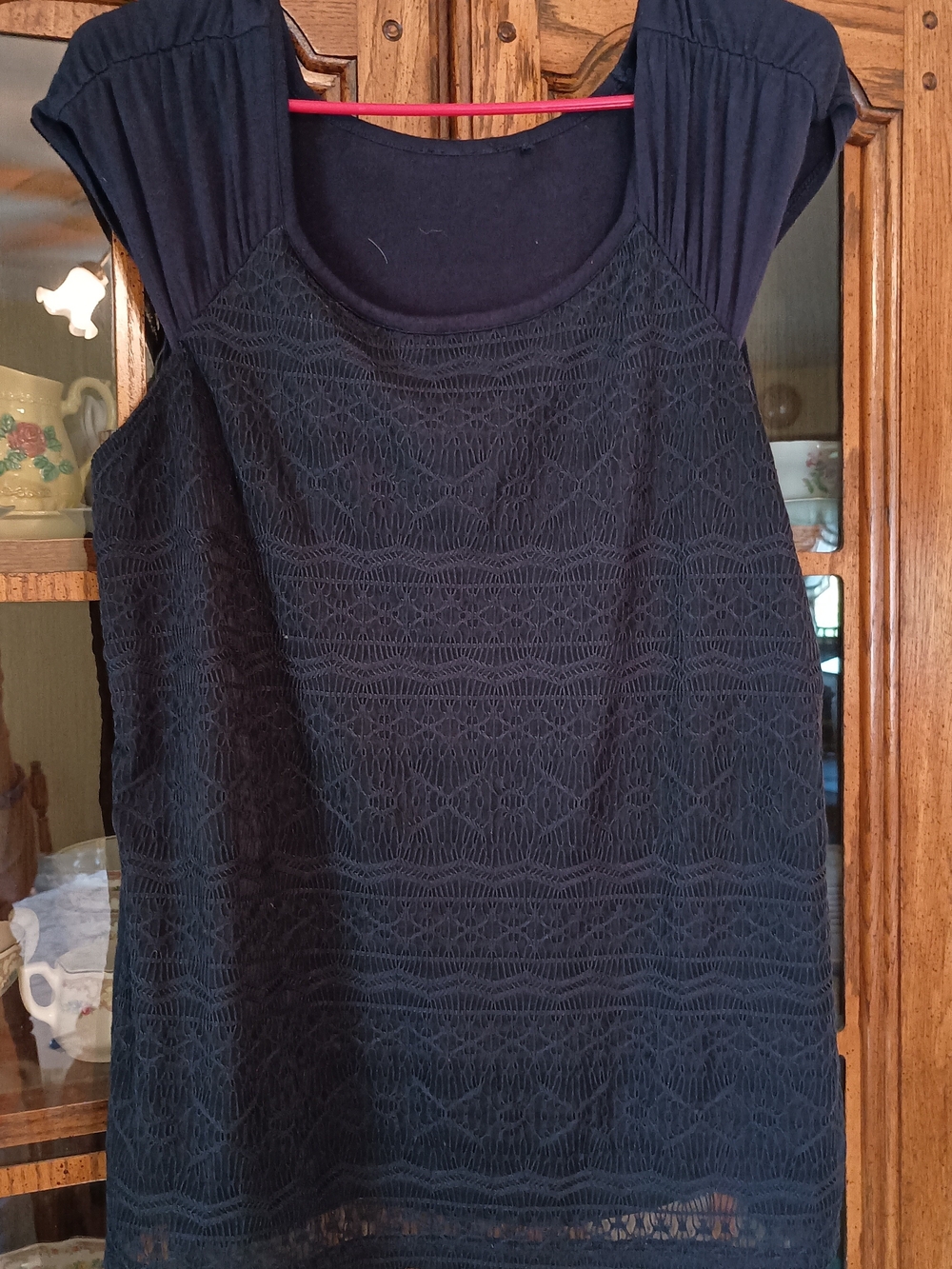 Women's Navy Lace Overlay Short Sleeve Top
